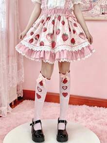 1 Pair Cute Sweet Lolita Style Pink Bow & Strawberry Pattern Socks - Multicolor - View 9