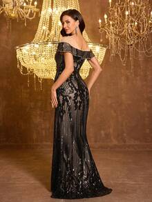 UNITHORSE [Random Cut] Deep V-Neck Mesh Patchwork Random Sequin Fishtail Hem Party Evening Dress - Black - View 2