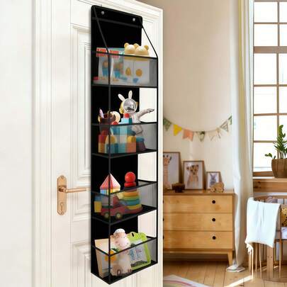 A storage cabinet with 4 baskets / A wall-mounted storage cabinet installed on the door, decorated with grape patterns, featuring a PVC material hanging design, equipped with 2 hooks, is very suitable for use as a door decoration, for organizing books, toys, clothes, shelves and wardrobes. It is suitable for multi-layer storage bags/toy storage boxes for families and can be installed on the wall in PVC + non-woven material. It is suitable for bedrooms and is equipped with metal hooks for easy hanging. It is also a gift choice for Valentine's Day, weddings or birthdays (black)