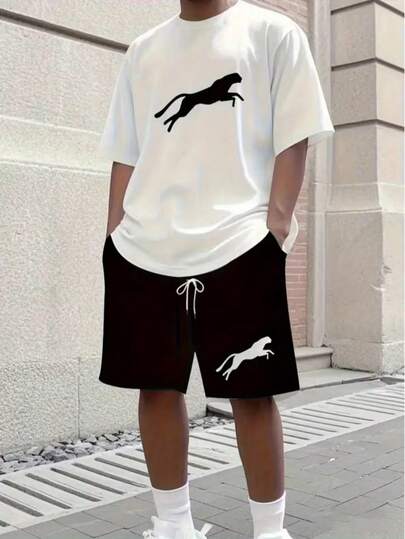 Conjunto casual para hombres, con parte superior de manga corta blanca a juego con pantalones cortos negros, diseño de estampado de animales, con estilo de calle de verano elegante y cómodo