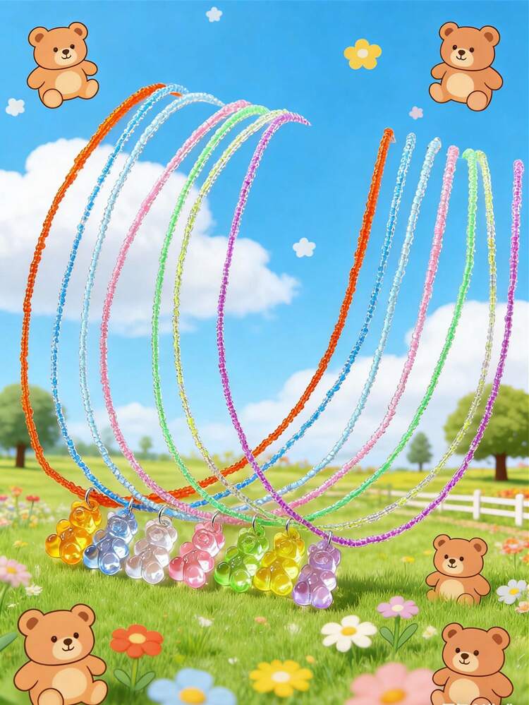 7pcs/set Bohemian Rainbow Beaded & Acrylic Bear & Butterfly Design Necklace Set, Ideal For Beach Vacation Gifts