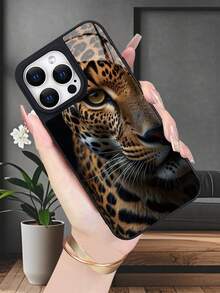 A Leopard Close-Up With Spotted Pattern Large-Hole Glass-Textured Phone Case, Compatible With IPhone 11/12/13/14/15/16/17/Pro/Pro Max/Plus/Air, Galaxy S22/S23/S24/S25/Plus/Ultra. Features A Skin-Friendly Feel, Made Of PC + TPU + Glass Materials, Minimalist And Stylish, Suitable For Both Men And Women. - Black - View 2