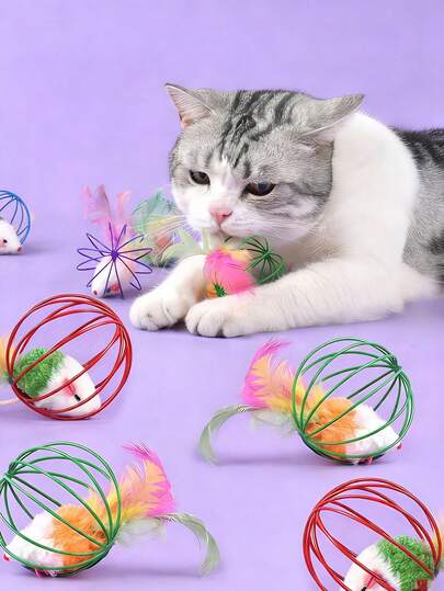 互动式猫玩具，带会动的老鼠 - 耐用面料，人造羽毛，色彩鲜艳的笼中老鼠，缓解猫咪无聊，趣味十足的玩具套装 - 互动式滚球和老鼠玩具，让您的爱猫乐在其中，趣味猫玩具，色彩鲜艳的猫玩具，耐用猫玩具，猫咪用品，猫玩具，猫咪配件，幼犬必备