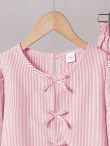 Left Mama Girls Sweet Cute Striped Bow Long Sleeve Top And Straight Pants Set, Spring/Autumn - Pink - View 3