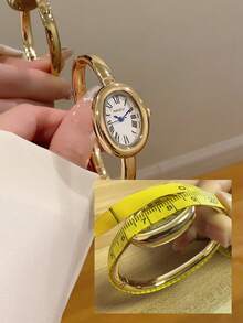 1pc Women's Elegant Oval Design Green Dial Silver & Gold Tone Fashion Casual Watch Bracelet Style - Gold - View 7