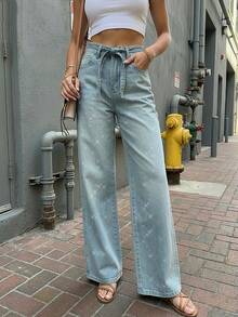 2026 Nuevos Jeans de pierna ancha casuales y holgados con adornos de rhinestone para primavera/otoño - Celeste - Ver 1