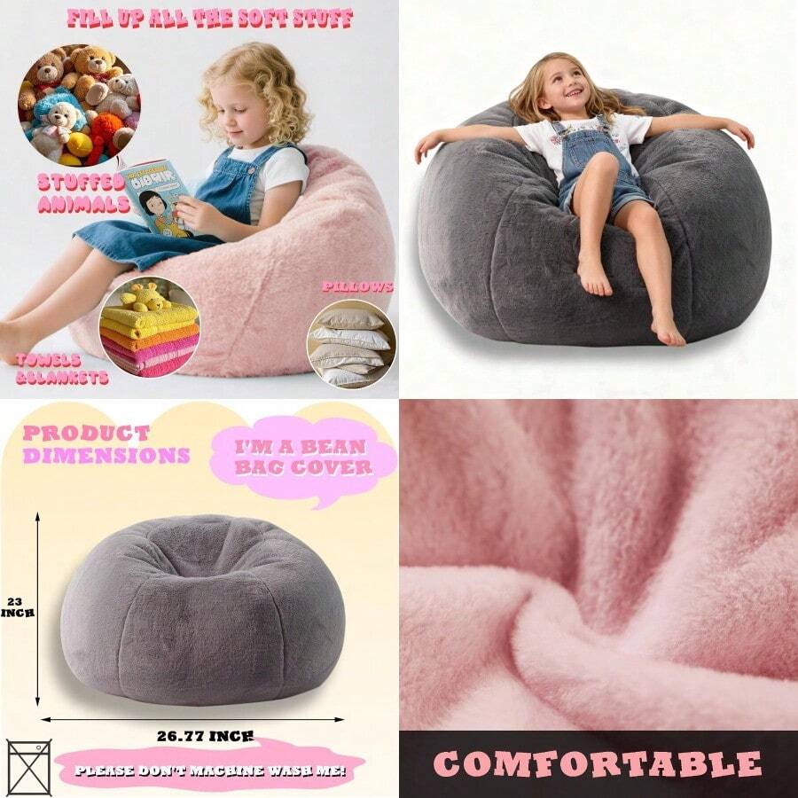 LPMOERA Fluffy Faux Fur Bean Bag Cover No Filler Stuffed Animal Bean Bag Storage Comfy Bean Bag Covers For Dark GrayChildren's Growth Games, Fun And Joyful, Essential For Childhood - 限深灰色封面 - 查看 1