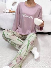 2件組女款睡衣套裝，英文字母圓領套頭上衣與花卉滿版印花長褲，易打理面料 - 淡紫色 - 查看 3