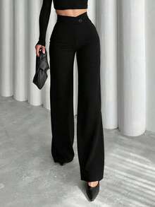 Women's Casual Elegant Straight-Leg Pants, Essential Back-To-School Item, Asymmetric V-Waistline Accentuates Curves, Suitable For Daily Wear, Office, Dates, Vacation And More - 黑色 - 查看 10