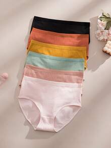6PCS, Cotton Ribbed Underwear, Random Color, Women's Comfortable Breathable Triangle Panties, Soft And Simple Mid-Waist Thong - Multicolor - View 3