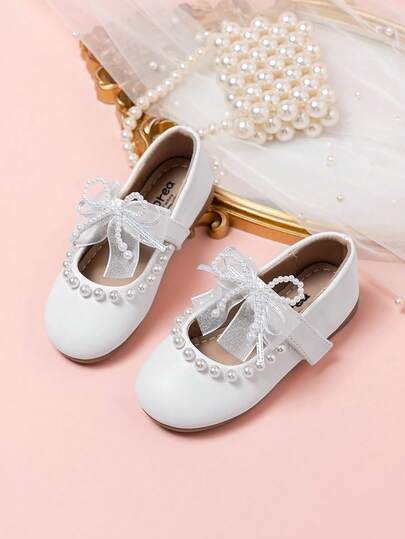1 Pair Girls' Pearl Lace Bow Floral Decor Casual Flat Shoes, Comfortable Slip-On, Suitable For Dresses, Jeans, Home Wear, Stage Performance, Suitable For Spring, Summer, Autumn