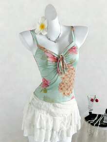 波西米亚复古浪漫性感甜美少女风度假休闲约会购物派对音乐节印花浅绿色吊带背心，女士春夏Y2K风格上衣 - 青檸色 - 查看 6