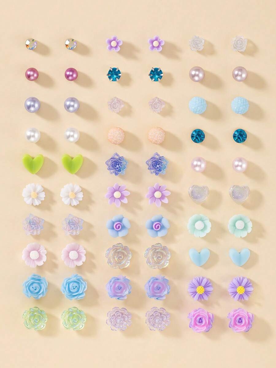 30 Pairs Women's Delicate Metal Tree, Shell, Pearl, Heart Shaped Earrings Set - Multicolor - View 1