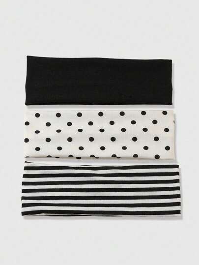ROMWE Kawaii 3pcs Black & White Polka Dot + Striped Elastic Sweatband, Suitable For Daily Life, Yoga, Fitness, Travel, Women Hair Accessories