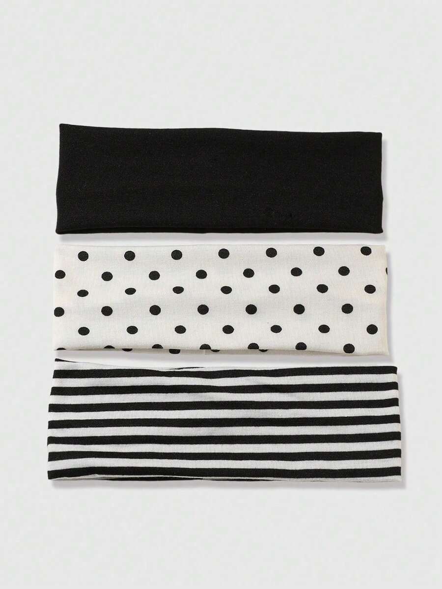 ROMWE Kawaii 3pcs Black & White Polka Dot + Striped Elastic Sweatband, Suitable For Daily Life, Yoga, Fitness, Travel, Women Hair Accessories - 彩色 - 查看 1