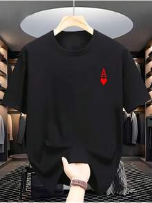 Men's Casual T-Shirt - Black With Red Geometric Heart Print, 100% 220GSM, Breathable Loose Fit Round Neck Short Sleeve For Summer Outdoor & Vacation Themes (Halloween/Christmas), Comfortable Pullover, Soft Textured Shirt, Comfortable Clothing, Perfect For Outdoors - 黑色 - 查看 6