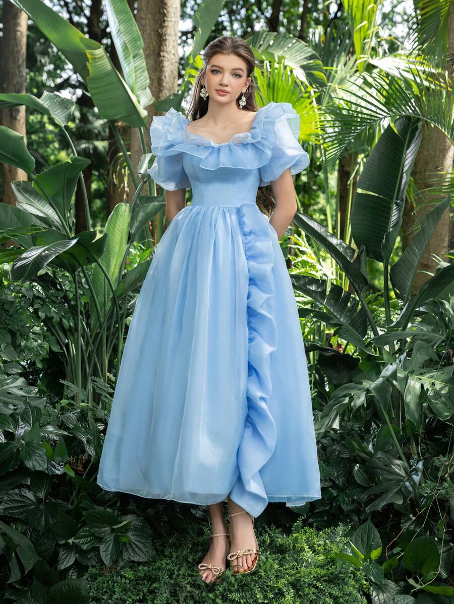 Faeriesty 仙气优雅的舞会礼服，迷人的荷叶边装饰，方领泡泡袖，薄纱材质，是返校节、节日聚会、晚宴舞会和鸡尾酒会的理想之选。 - 淺藍色 - 查看 1