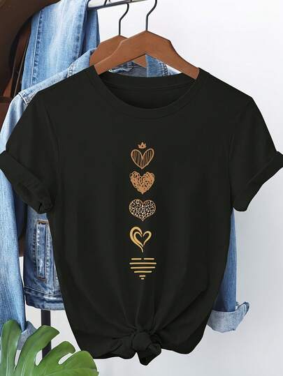100% Short Sleeve T-Shirt With Heart Print - Casual Round Neck Blouse, Spring Summer Fall Casual Attire, Soft Breathable Short Sleeve Top For Layering Or Solo Outfits, Machine Washable (Style 225