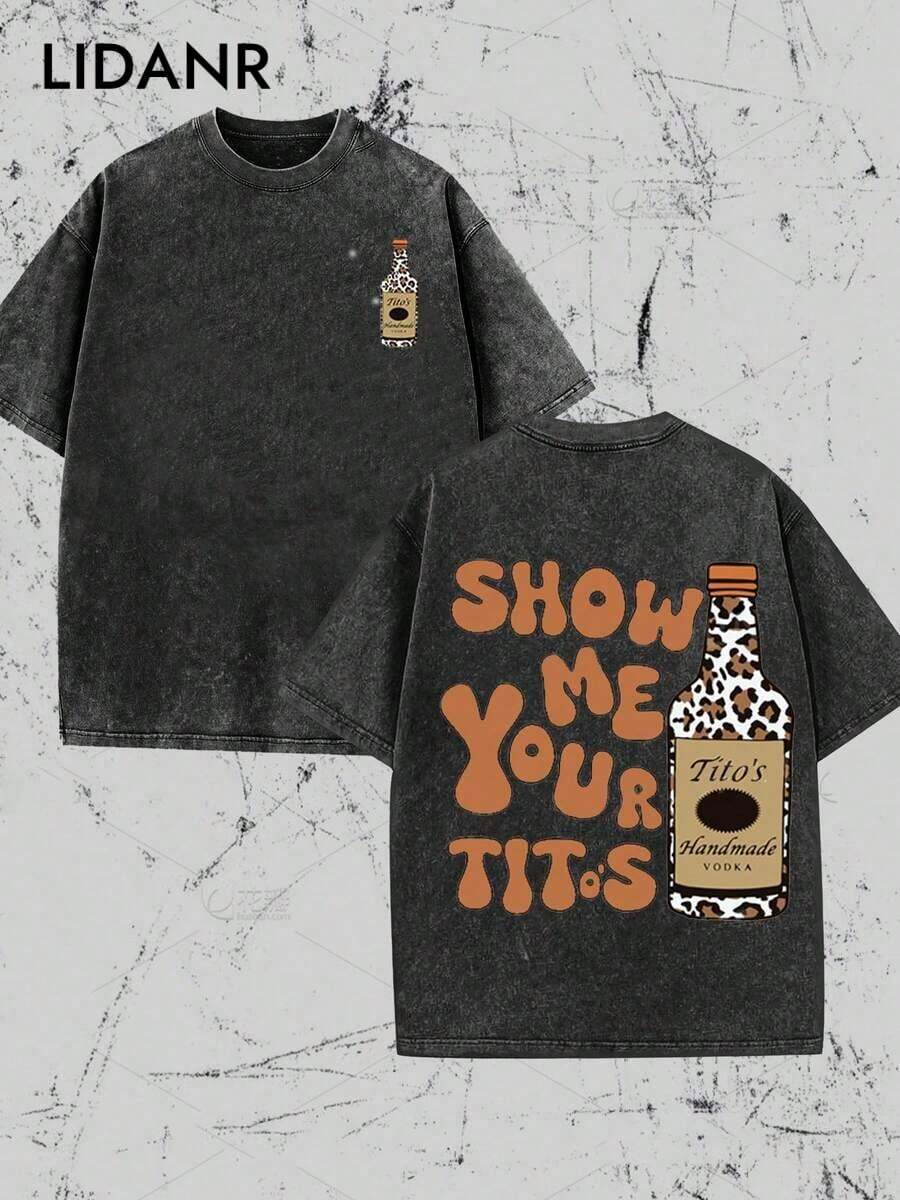LIDANR 1PC Vintage Vintage Style, Tito's Vodka Enthusiast, Leopard Print Elements, SHOW ME YOU TITOS Humorous Text Memes, Washed Double-Sided Printed Vintage T-Shirt..…. Retro Loose T-Shirt, Men's Casual Style T-Shirt, Machine Washable And Washable Old T-Shirt; Cool Design Pattern T-Shirt, Durable And Comfortable Fabric, Street Fashion Sense, A Must-Have For Street Style Enthusiasts, Top-Level Sportswear, Suitable For Daily Commuting, Dating, Leisure Matching, Suitable For Holiday Gift Giving, The First Choice For Gift Giving. Men's Clothes Shirts - 黑色 - 查看 1