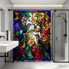 Colorful Artistic Print Waterproof Mildew-Resistant Weighted Bottom Shower Curtain, No Drilling Required, Painted Glass Style Hummingbird & Floral Pattern, Comfortable Bathroom Space - Red and Blue - View 4