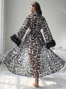 Long Leopard Print Sexy Sleepwear, Women's Casual Loungewear Robe For Spring, Summer, Autumn - Black - View 3