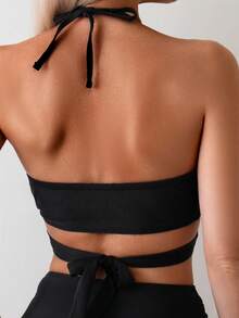 Bikini Set  Casual    Knitted Fabric    Backless  Ruched  Wrap    Women's Swimwear  Clothing  Vacation  Beach    Summer - màu đen - Xem 4