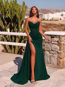 ADYCE Đầm dạ hội dáng đuôi cá thanh lịch, chất liệu ren xuyên thấu, cạp cao, thắt lưng, xẻ tà cao, hở lưng, dài đến sàn, thích hợp cho khách dự đám cưới, tiệc tùng, dạ hội, hẹn hò, tiệc tối trang trọng, tiệc Giáng sinh và các dịp khác, ngày lễ tình nhân mùa xuân. - Màu xanh lá cây đậm - Xem 1