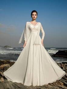 Elegant Chiffon Long Wedding Dress With Deep V-Neck Embroidery, Bohemian Style Long Sleeve Romantic Bridal Gown, Suitable For Party Wear - White - View 3