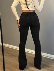 Women's Stretch Flared Jeans - Distressed Hem Denim Pants With Zip & Button Closure, Retro 70s Inspired Bell Bottoms For Leg-Lengthening Style - màu đen - Xem 6