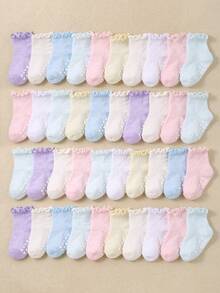 20/15/10/5/1 Paire de chaussettes mi-mollet à volants aléatoires pour bébés filles, tissu en maille cœur confortable, respirant, doux et élastique, chaussettes à semelle antidérapante en silicone cœur, convient pour les bébés filles de 0-36 mois, chaussettes de princesse, chaussettes de marche intérieure, style dopamine de couleur claire convient pour l'été, s'accorde avec diverses tenues, convient pour le port quotidien, les cadeaux et les fêtes d'anniversaire - Multicolore - Voir 4