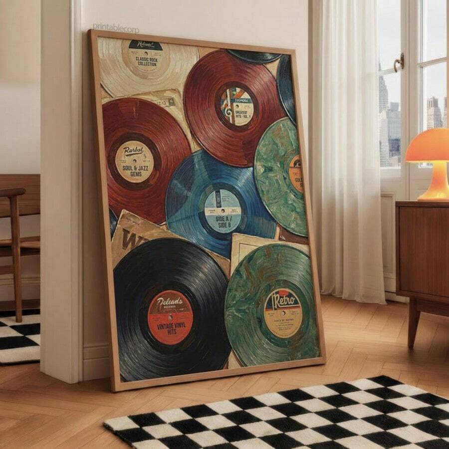 1幅复古黑胶唱片墙画，复古音乐美学印刷品，帆布画，彩色LP拼贴海报，学院风宿舍和青少年卧室装饰，怀旧酒吧和客厅装饰，送给音乐爱好者的礼物，可选择无框或有框。 - 圖案 - 查看 1