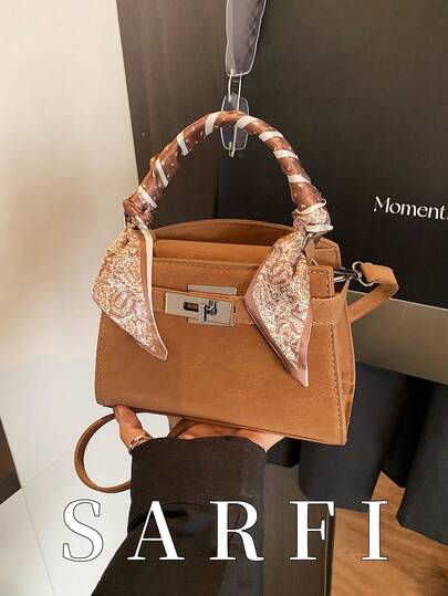 High-End, Unique, Modern-Style Women's Handbag With Metal Buckle Strap Decoration; Elegant And Fashionable Shoulder Bag With Silk Scarf Embellishment In Autumn/Winter Brown Tones; Versatile And Sophisticated Urban Commuter Style Crossbody Bag With Adjustable Strap; Practical And Lightweight Small Square Tote Bag