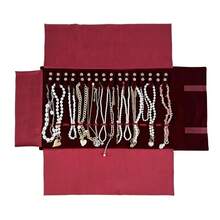 UnionPlus Velvet Travel Jewelry Roll Bag Organizer For Necklace, Elastic Band And Anti-Winding, Burgundy - 酒紅色 - 查看 2