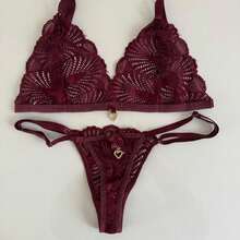 Sexy Backless Thong Set With Pendant Detail - 酒紅色 - 查看 2