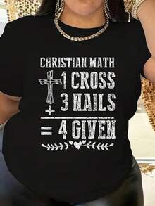 Women's Christian Faith Math T-Shirt | Cross And Nails Design With Equation (1 Cross + 3 Nails = 4 Known) - Casual Short-Sleeve T-Shirt With Soft, Stretchy Crew Neck - Opaque Fabric That Is Not See-Through - Suitable For All Seasons - Ideal For Church - 黑色 - 查看 2