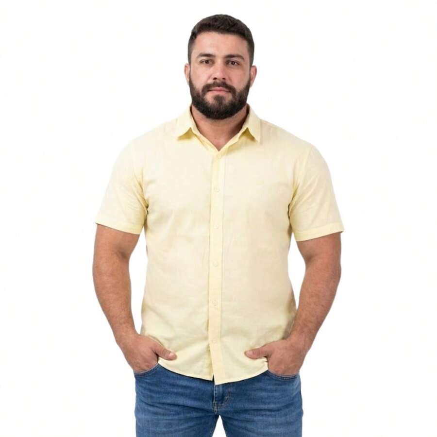 Men's Linen Dress Shirt, Summer Style, Premium Fabric, Comfortable, Lightweight, On - 黃色 - 查看 1