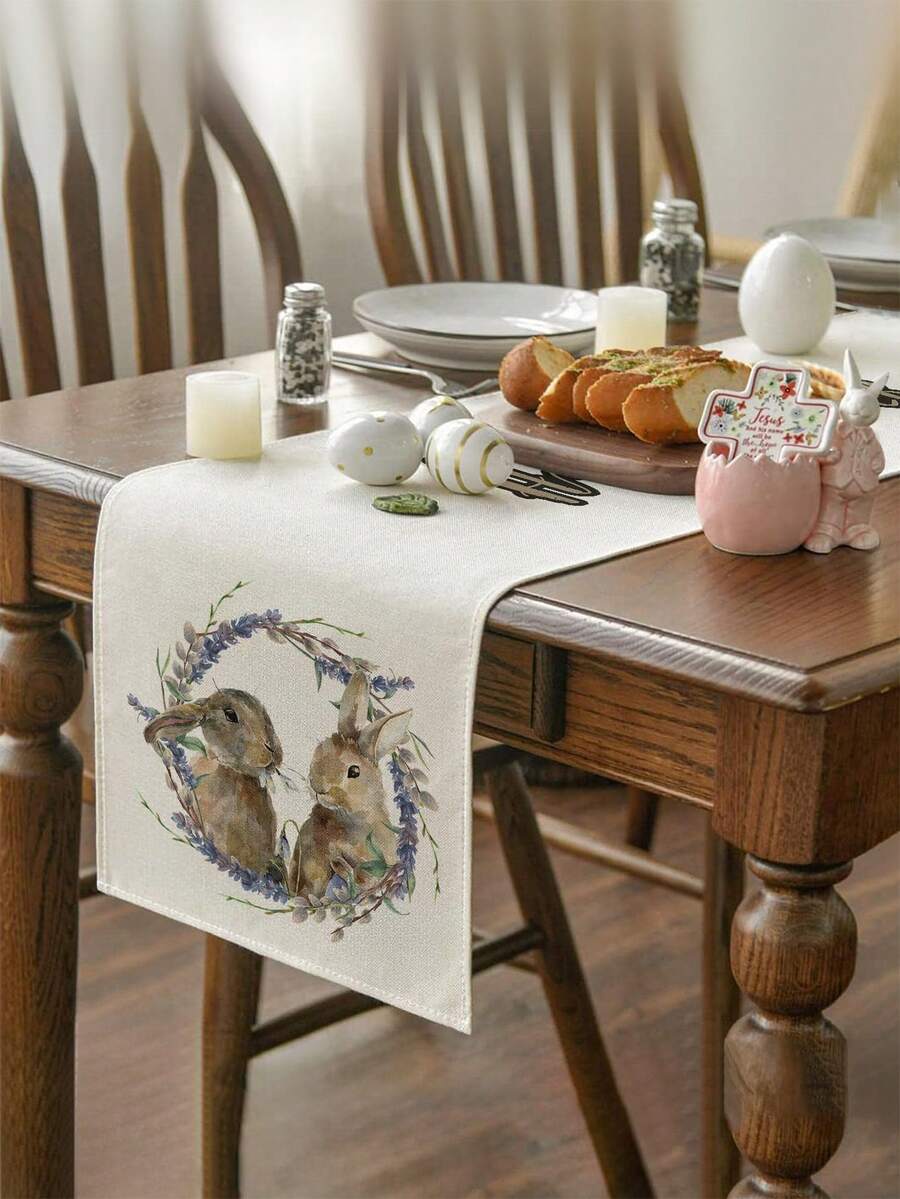 1 pièce Chemin de table avec motif de lapin de Pâques, décoration de table style Pâques, en lin, disponible en plusieurs tailles, convient pour la salle à manger, la cuisine, la décoration de la maison, les fêtes en extérieur et la décoration de restaurant, apparence de lin texturé - Multicolore - Voir 1