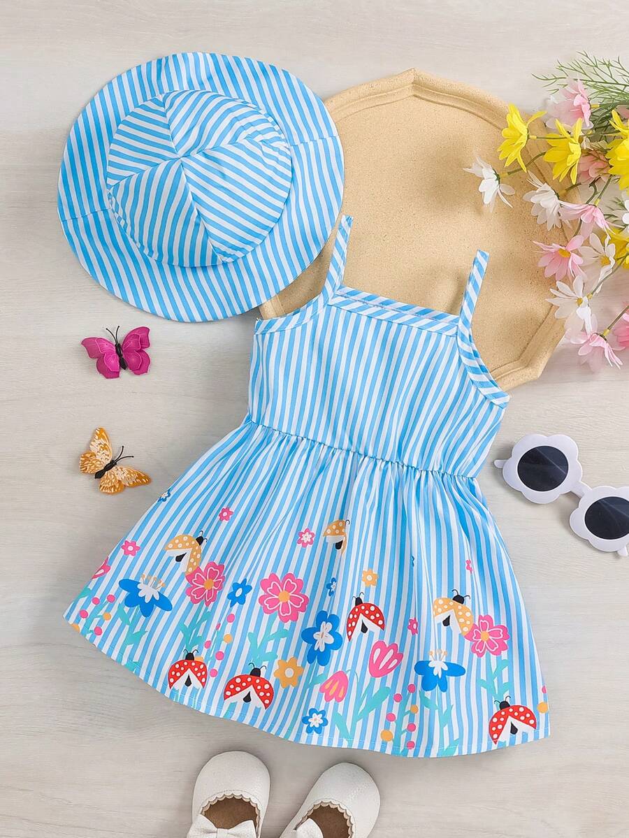 2pcs Baby Girl Floral Print Dress + Hat Set, Casual Elegant Style, Lightweight For Spring/Summer - Baby Blue - View 1