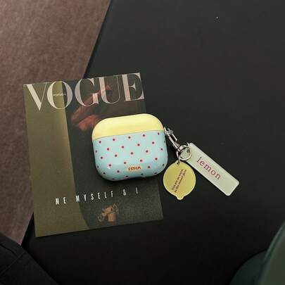 Minimalist Contrast Color Blue Base Red Wave With Lemon Pendant Earphone Case Suitable For AirPods Pro 2, Cute Apple 4 Minimalist 3 New 1/2 Generation Women Earphone Case Cover