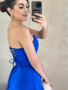 Women's Long Butterfly Dress, Strapless, Trilobal Fabric With Built-In Bra Cups | Party, Bridesmaid, Wedding, Graduation, Debutante | Adjustable Back, Sexy And Elegant, Party, Cutout/Cut, Asymmetrical Knot, Formal And Evening - 寶藍色 - 查看 2