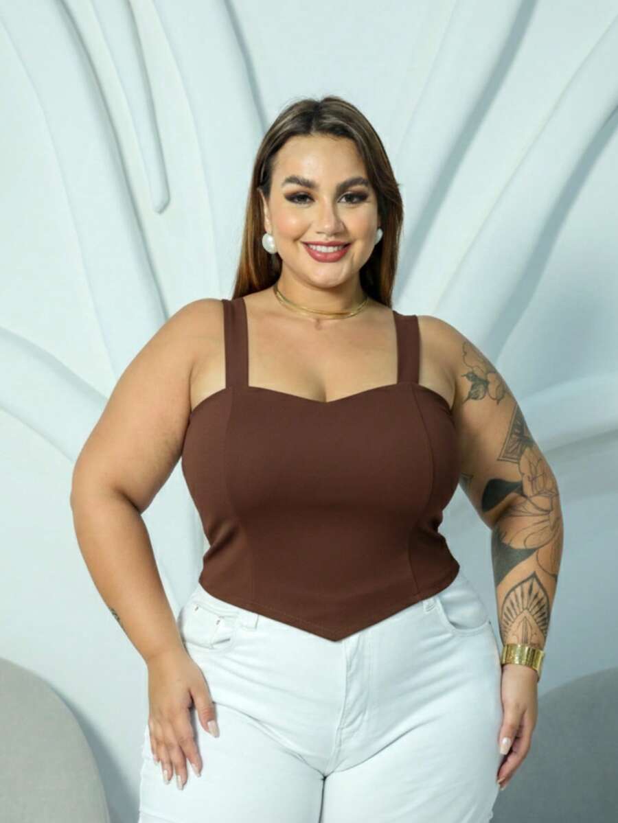Women's Plus Size Cropped Summer Party Blouse With Neckline, Bengaline Fabric, Thick Straps, And Pointed Detail - 鏽棕色 - 查看 1