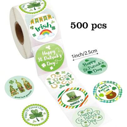500pcs/Roll Clover Stickers, Shamrock St. Patrick's Day DIY Decorations, Party Stickers, Stamps, Cards, Envelopes, Scrapbooking Supplies, PVC Sticker Decals