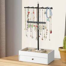 Meangood Jewelry Organizer Stand, 3-Tier Necklace Holder Jewelry Tree With Wooden Storage Drawer Box For Necklace Bracelet Earring Ring,White - 淺白 - 查看 7