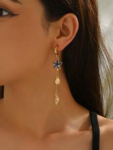 1 Đôi bông tai nữ thanh lịch, phong cách boho cổ điển, thiết kế mặt dây chuyền hình sao biển và vỏ sò tối giản với đá pha lê lấp lánh và tua rua ngọc trai giả, phù hợp cho các dịp thường ngày, đi biển, tiệc tùng, lễ hội, làm quà tặng, phụ kiện đa năng. - vàng - Xem 2