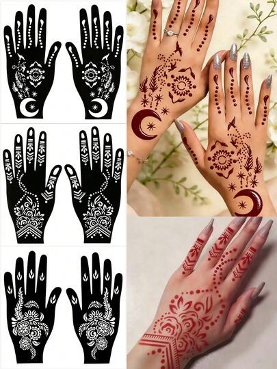 2张月亮星星点状临时纹身贴纸，适用于手脚，曼海蒂图案纹身模板，适合女性婚礼派对节日人体彩绘