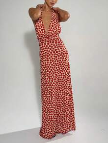 Women's Retro Polka Dot Halter Maxi Dress Deep V Neck Open Back Ruched Waist Flowy Summer Dress For Cocktail Party Vacation - Đỏ - Xem 4