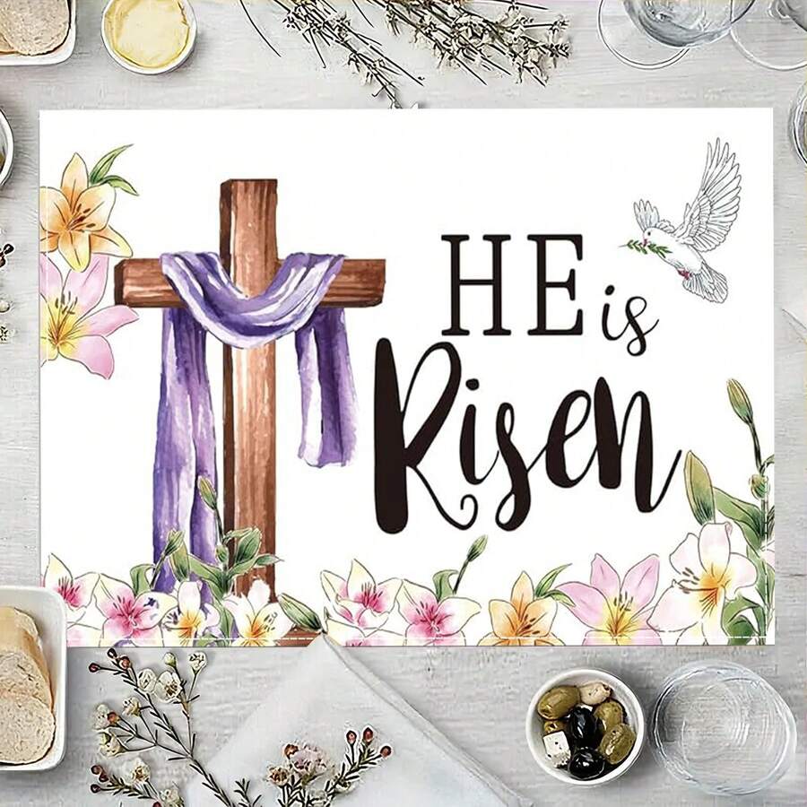 2/4/6 Pcs Easter Placemats, Colorful Rabbit Linen Placemats, Easter Cross White Dove Placemats, 12.0 X 18.0 Inch Heat-Resistant Placemats, Suitable For Easter Party, Home Kitchen Decor, Easter Table Mats, Party Dining Table Decor Set - Multicolor - View 1