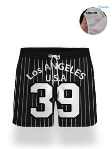 Men's Summer Letter Print Pattern Drawstring Waist Slant Pocket Hawaiian Quick-Dry Double-Layer Mesh Lined Shorts, 3D Print Fashion Casual Beachwear Swim Trunks - Black and White - View 3