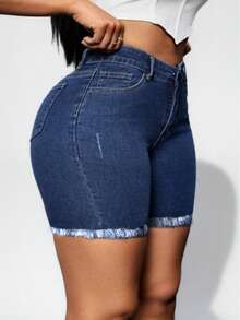 New European And American Style Dark Blue Stretch Denim Shorts, Simple And Fashionable. Suitable For Dating, Work And Daily Elegant Wear Casual Summer - Blue - View 1