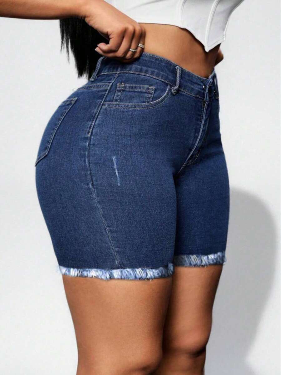 New European And American Style Dark Blue Stretch Denim Shorts, Simple And Fashionable. Suitable For Dating, Work And Daily Elegant Wear Casual Summer - Blue - View 1